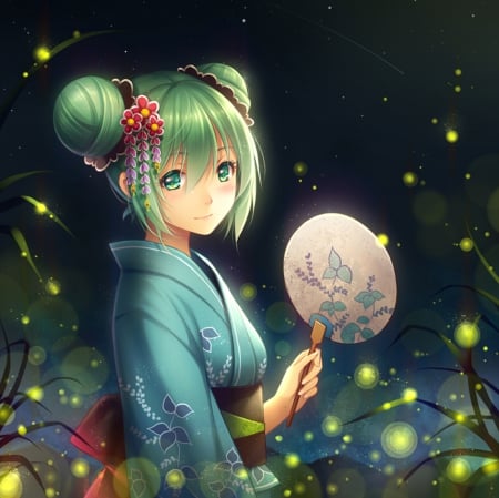 Midsummer Night - pretty, magic, miku hatsune, female, scene, night, green eyes, japan, nice, beauty, kimono, fan, cg, green, japanese, vocaloid, anime, kawaii, hatsune miku, green hair, long hair, magical, oriental, gorgeous, hd, een eyes, anime girl, beautiful, yukarta, girl, lovely, sweet, fantasy, miku, adorable, hatsune, vocaloids