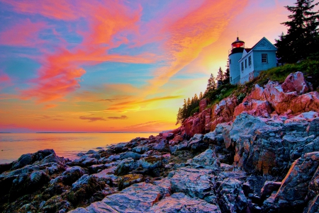 Bass Harbor Light, Maine - sky, cliff, sunset, colors, sea, usa