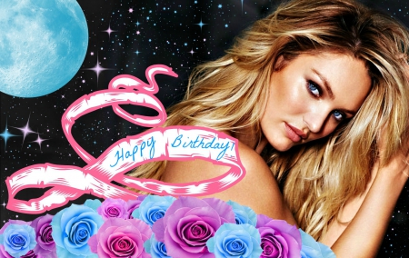 Candice Swanepoel - word, moon, woman, happy birthday, sky, stars, girl, rose, model, pink, blue, card, by cehenot, candice swanepoel