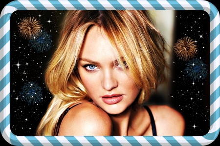 Candice Swanepoel - frame, by cehenot, blue, girl, blonde, black, white, woman, model, Candice Swanepoel, face, fireworks