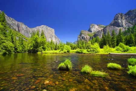 Yosemite national park - national park, beautiful, landscape, lovely, reflection, mountain, stones, river, shore, waterfall, view, Yosemite, lake, sky, viewl, rocks