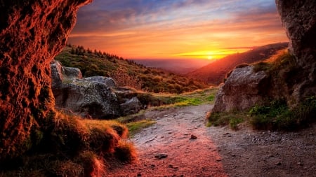 Sunset clouds - rays, sundown, summer, sunset, lovely, nature, glow, fiery, beautiful, clouds, cave, grass