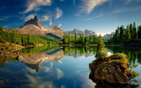 Reflections - cottage, mirrored, clear, rocks, reflections, crystal, quiet, calmness, lake, summer, shore, lovely, serenity, nature, tranquil, beautiful, cabin