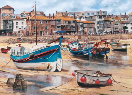 The Tides Out at St Ives - painting, fishing, st ives, boats, water, village