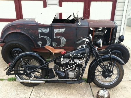 Pre War Motorcycle And Car - flathead, motorcycle, bike, hot rod