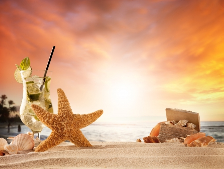 â™¥Summer Beachâ™¥ - summer, sand, drink, starfish, beach, sunset, sea, shells