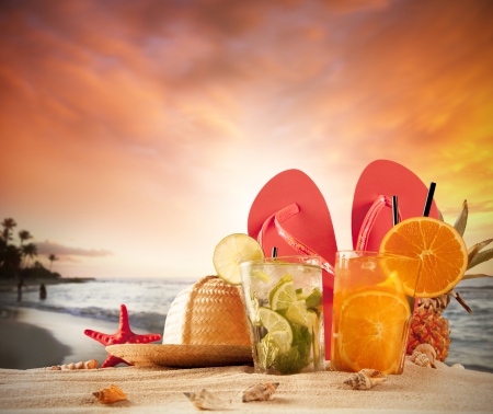 â™¥Tropical Sunsetâ™¥ - summer, sand, vacation, fruit, beach, sunset, drinks