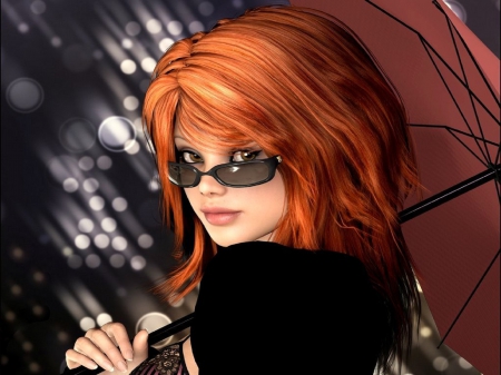 Z a p o r - pretty, female, creative pre-made, digital art, eyes, weird things people wear, lovely, 3-dimensional art, hair, characters, umbrella, redhead, 3D art, love four seasons, sunglasses