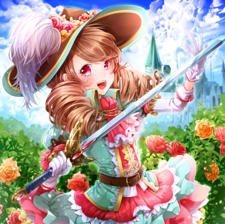 Happy Sword - beauty, rapier, female, hat, smiling, twintail, anime girl, blade, brown hair, petals, anime, sword, twin tail, cute, scene, adorable, girl, twintails, long hair, cg, hd, kawaii, floral, twin tails, beautiful, blossom, smile, dress, happy, flower