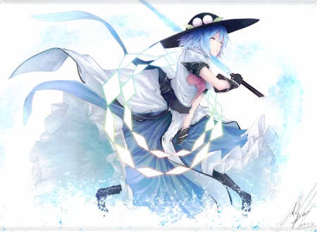 Hinanawi Tenshi [Touhou Project] - Touhou Project, Blue hair, Female, mangaka, dress, sword, pixiv, Hinanawi Tenshi, red eyes, Touhou, Fanart from pixiv