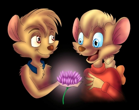 Is This For Me? - fantasy, cartoon, black background, cute, love, flower