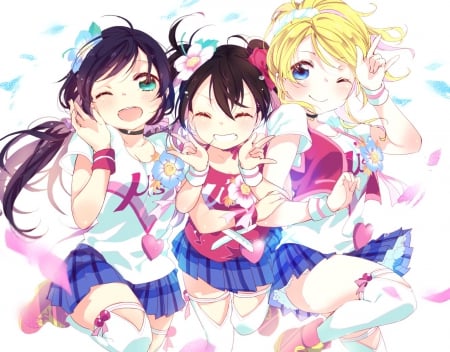 Say Cheese!! - toujou nozomi, girls, love live school idol project, winks, colorful, ayase eri, anime, yazawa nico, flowers, friends, group