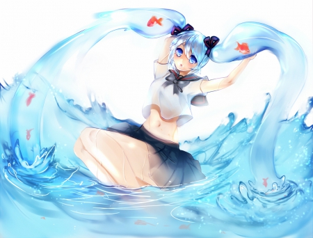 ~Bottle Miku~ - hatsune miku, blue eyes, long hair, ponytails, blue hair, vocaloid, anime, fish, bottle miku