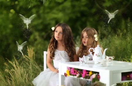 The most magical of tea parties - pure feelings, tea party, splendor, girl, beautiful moments, fairies, flowers, in the woods, magic day