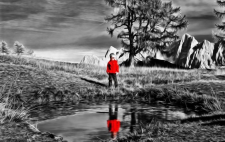 Boy in red - vegetation, boy, red and black, lake, two colors, in red, mountains, reflection