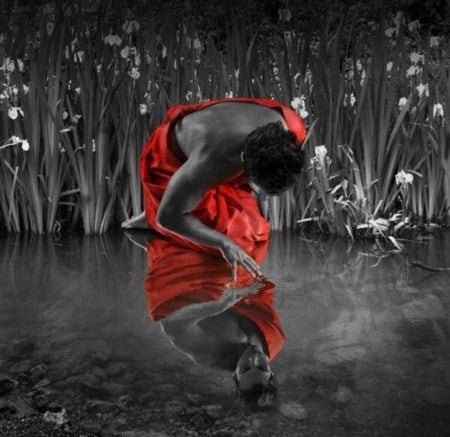 The mirror of the soul - in red, mirror, red and black, water, reflection, soul, man