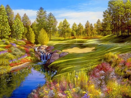 Time for the tee - summer, creek, beautiful, grass, time, tea, park, stream, pretty, flowers, waterfall, spring, serenity, peaceful, art, sky, garden, calmness, freshness, lovely, trees, painting