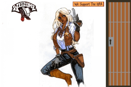 NRA Sheriff - women, fun, female, boots, guns, sheriff, girls, cowgirls, drawing, jail, art, badge, westerns