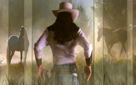 Cowgirl - horses, cowgirl, hat, field, trees, guns