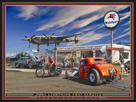 Lightning Fast Service - fantasy, car, gas station, hot rod