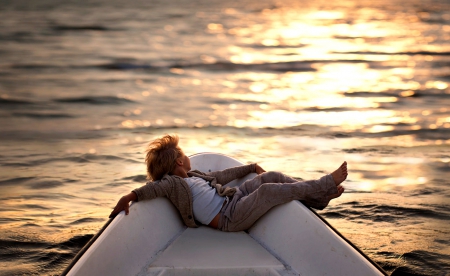 Summer Breeze - summer, boat, evening, splendor, sea, summer time, ocean, child, boy, sunset, nature