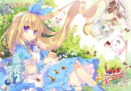 Welcome To Our Tea Party!! - anime, animal ears, tea party, dress, blonde, purple eyes, mad hatter, lolita fashion, alice in wonderland, friends, alice, cake, blue eyes