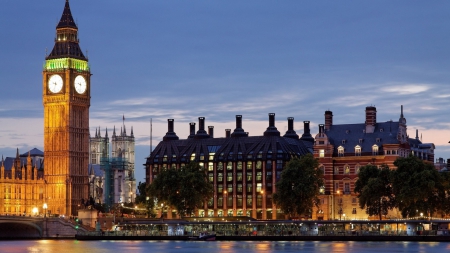 big ben clock tower on the thames shore - river, clock, city, tower, dusk, lights