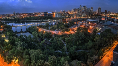 lovely panoramic view of minneapolis in evening - river, bridges, trees, view, city, paorama