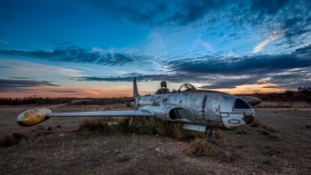 a skeleton of a p-80 shooting star old fighter plane - plane, countryside, old, military, skeleton, dusk