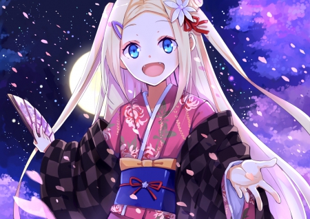 Hannah N. Fontanstand - moon, fan, blue eyes, long hair, night, petals, hannah n fontanstand, anime, kimono, hanayamata, japanese clothes, blonde