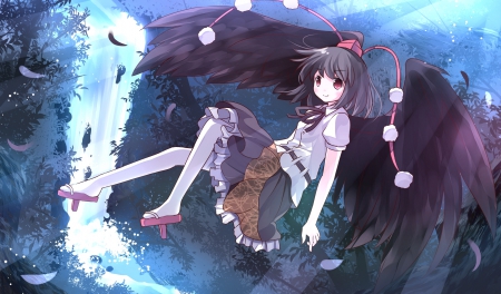 Shameimaru Aya - shameimaru aya, hat, anime, skirt, red eyes, short hair, touhou, waterfall, wings, black hair, feathers