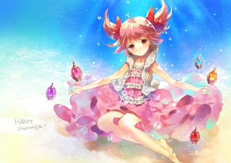 Happy Summer!! - mahou shoujo madoka magica, kaname madoka, anime, pink hair, pink eyes, dress, underwater