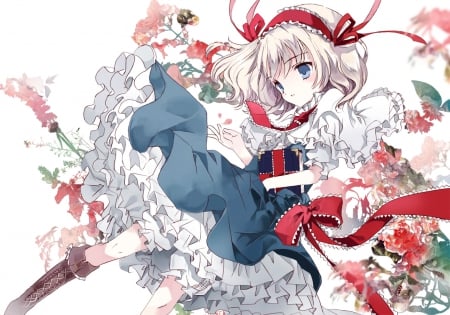 Alice Margatroid - blue eyes, ribbons, boots, book, alice margatroid, touhou, anime, flowers, short hair, blonde