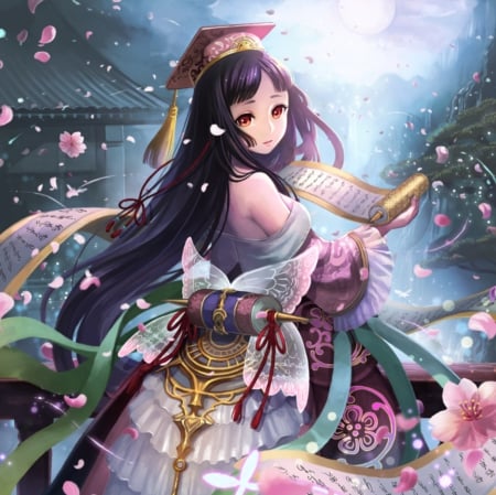 Petals Scroll - anime, magic, female, blossom, long hair, japan, anime girl, beautiful, hot, girl, beauty, kimono, flower, petals, yukata, scroll, sexy, japanese