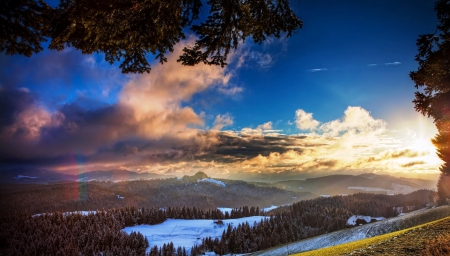 Mountain Sunset, Switzerland - sky, trees, winter, mountains, white, forest, snow, blue, beautiful, clouds, house, grass