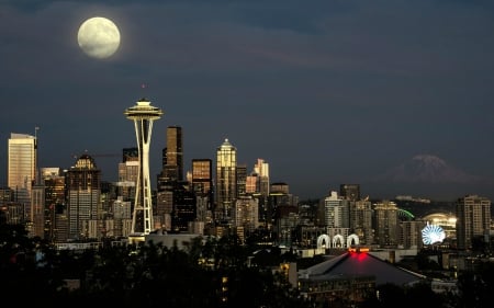 Full Moon over Seattle, Washington - moon, cityscape, usa, skyscrapers