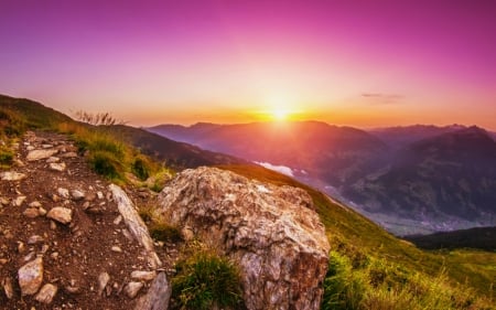 Mountain sunrise - summer, grass, pink, mountain, rpetty, sky, sunlight, beautiful, slope, sunshine, colors, lovely, valley, stones, dazzling, glow, rais