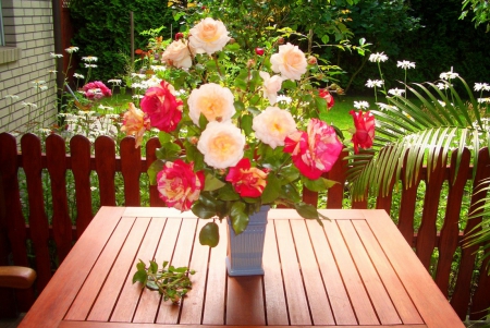 Bouquet of garden flowers - freshness, roses, fragrance, colorful, still life, home, pretty, table, patio, house, scent, garden, harmony, summer, yard, plants, vase, beautiful, cozy, flowers