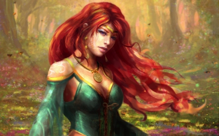 Redhead princess - fantasy, wind, redhead, woman, green, girl, art