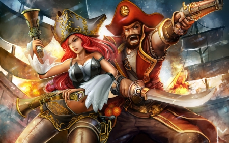 Pirates - hat, game, league of legends, miss fortune, gun, girl, sword, man, fantasy, redhead, woman, pirate, couple, art