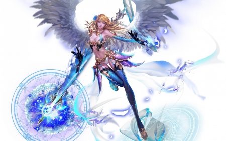 Angel - white, aion, angel, blue, magical, feather, wings, fantasy