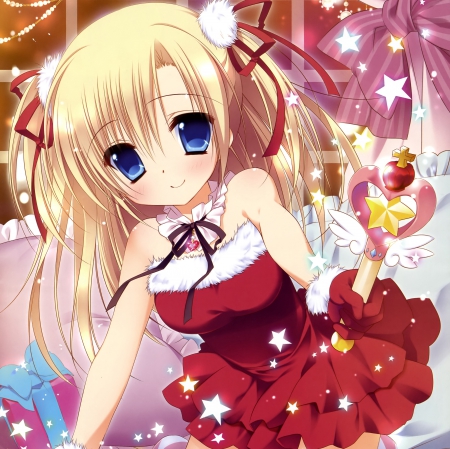 Magic Star - pretty, star, wand, anime, kawaii, magic, female, dress, blonde, blond hair, long hair, rod, red, blond, hd, weapon, nice, blue eyes, anime girl, staff, girl, sundress, blonde hair, lovely, sweet, cg, cute, adorable