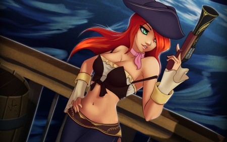 Miss Fortune - hat, game, league of legends, miss fortune, gun, girl, redhead, woman, pirate