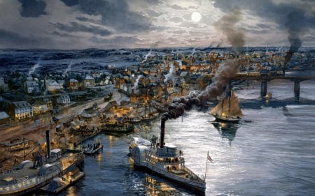 Tom Freeman art - ocean, beach, night, smoke, water, painting, art, ship, battle, tom freeman, evening, blue, sea