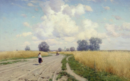 Country road - people, Kryzhinsky, country road, summer, woman, painting, art