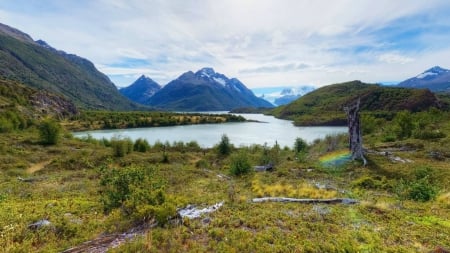 wonderful patagonian landscape in chile - lake, landscape, clouds, mountains, meadow, grass