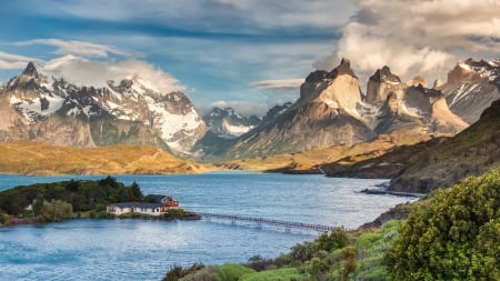 marvelous island lake house in patagonia hdr - lake, mountains, clouds, island, bridge, house, hdr