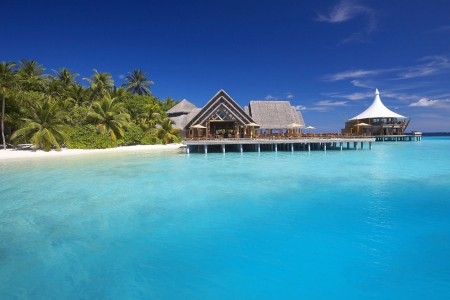 Baros, Maldives - ocean, water, palms, tropical, gazebo, coast, pier, umbrella, island, cabin, resort