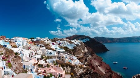 gorgeous greek town on santorini island - town, cliffs, clouds, island, sea