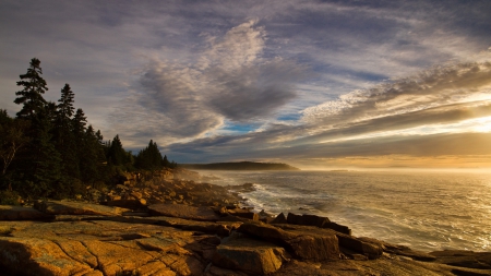 wonderful rocky seacoast at sunset - rocks, clouds, coast, trees, sunset, sea, waves